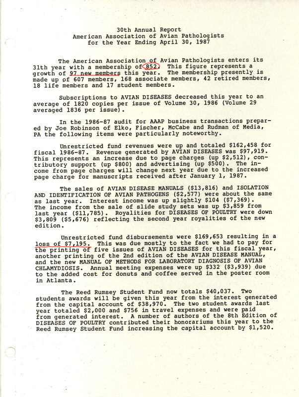 Annual report of the American Association of Avian Pathologists from April 30, 1987. Includes membership numbers and financial status of the association.