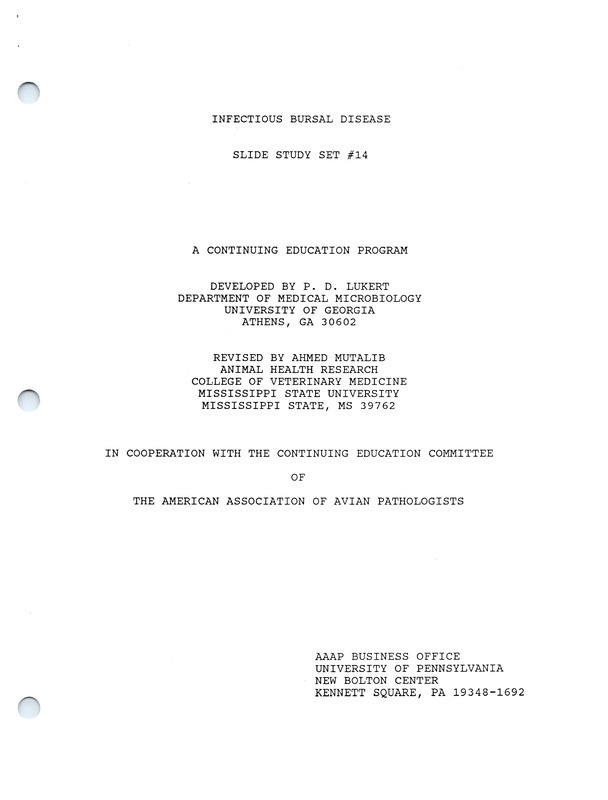 Item from a series of AAAP records containing slide study sets, which consist of slides and their accompanying texts. The slide study sets mainly cover poultry diseases and their diagnosis, but also include other topics such as biotechnology in avian medicine and careers in avian medicine.