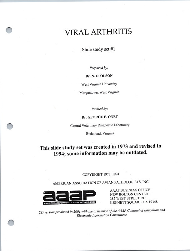 Item from a series of AAAP records containing slide study sets which consist of slides and their accompanying texts. The slide study sets mainly cover poultry diseases and their diagnosis, but also include other topics such as biotechnology in avian medicine and careers in avian medicine. Annotation: This slide study set was created in 1973.