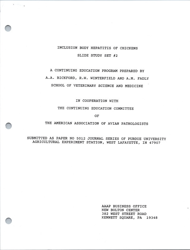 Item from a series of AAAP records containing slide study sets which consist of slides and their accompanying texts. The slide study sets mainly cover poultry diseases and their diagnosis, but also include other topics such as biotechnology in avian medicine and careers in avian medicine.