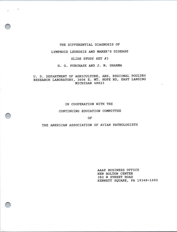Item from a series of AAAP records containing slide study sets which consist of slides and their accompanying texts. The slide study sets mainly cover poultry diseases and their diagnosis, but also include other topics such as biotechnology in avian medicine and careers in avian medicine.