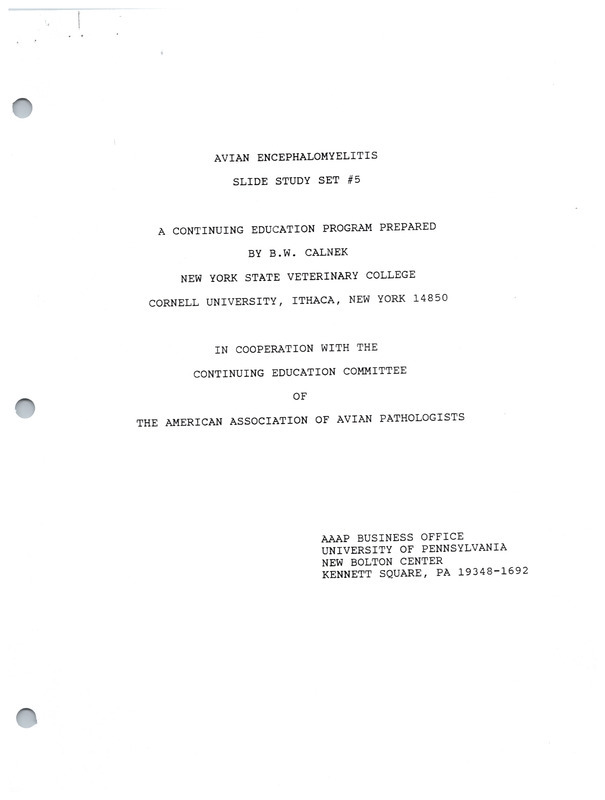 Item from a series of AAAP records containing slide study sets which consist of slides and their accompanying texts. The slide study sets mainly cover poultry diseases and their diagnosis, but also include other topics such as biotechnology in avian medicine and careers in avian medicine.