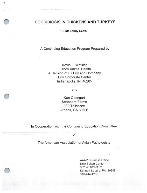 Item from a series of AAAP records containing slide study sets which consist of slides and their accompanying texts. The slide study sets mainly cover poultry diseases and their diagnosis, but also include other topics such as biotechnology in avian medicine and careers in avian medicine.