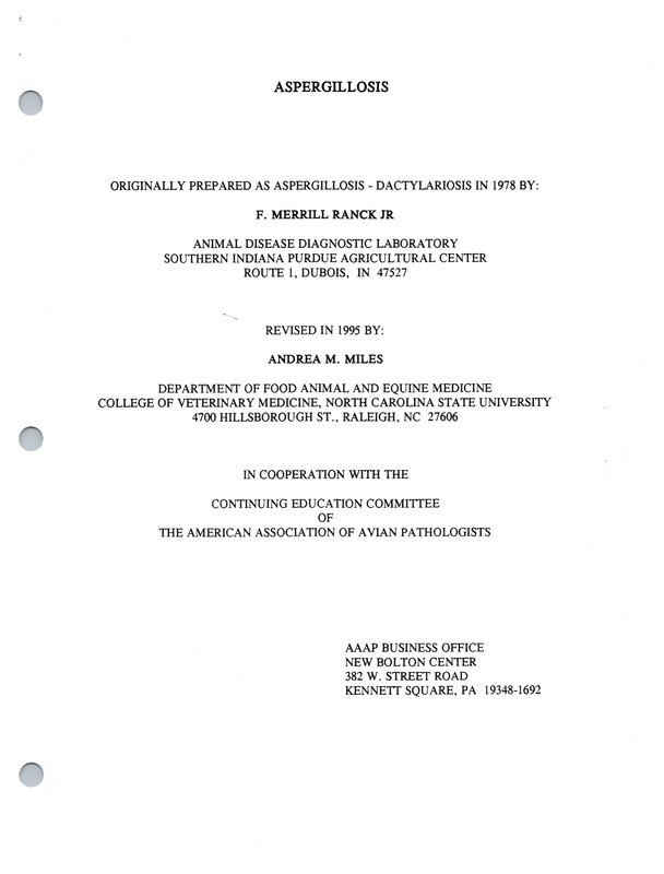 Item from a series of AAAP records containing slide study sets which consist of slides and their accompanying texts. The slide study sets mainly cover poultry diseases and their diagnosis, but also include other topics such as biotechnology in avian medicine and careers in avian medicine. Annotation: Originally prepared as aspergillosis-dactylariosis in 1978