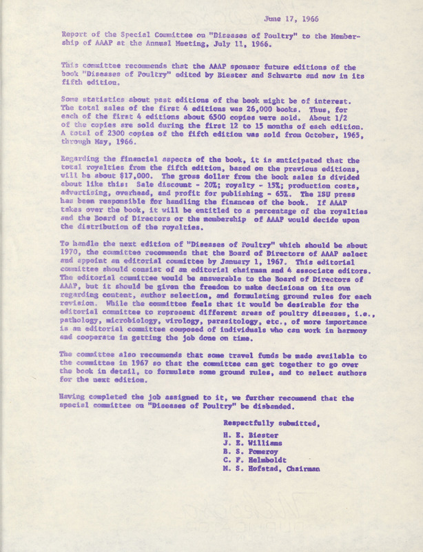 Item from a series of AAAP records containing several original scientific papers on poultry disease and immunology, and a technical bulletin on prevalent poultry diseases.