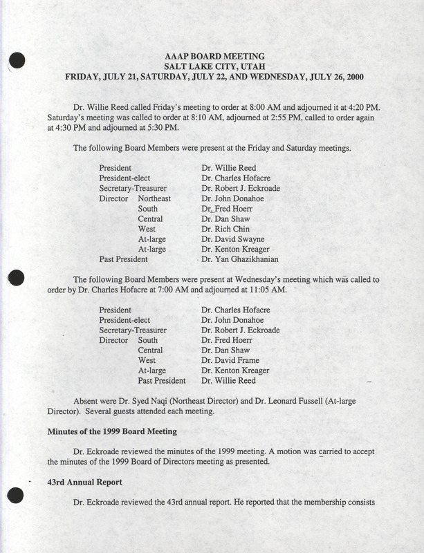 Item from a series of AAAP records containing meeting minutes and annual reports of the Board of Directors, newsletters, reports, financial statements, and copies of the constitution and by-laws. Annotation: As per the folder title, the geographic location is Massachusetts. However, as per the actual item, it is Salt Lake City, Utah.