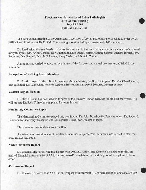 Item from a series of AAAP records containing meeting minutes and annual reports of the Board of Directors, newsletters, reports, financial statements, and copies of the constitution and by-laws. Annotation: As per the folder title, the geographic location is Massachusetts. However, as per the actual item, it is Salt Lake City, Utah.