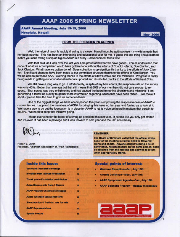 Spring newsletter from the American Association of Avian Pathologists from 2006 including schedule of events and other news.