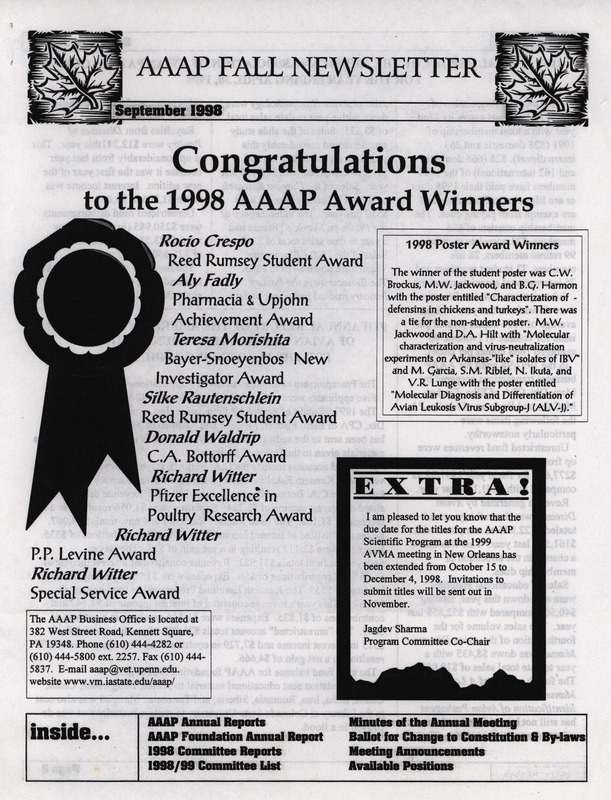 Fall newsletter for the American Association of Avian Pathologists published in September 1998, including annual reports, committee lists, meeting minutes and other news.