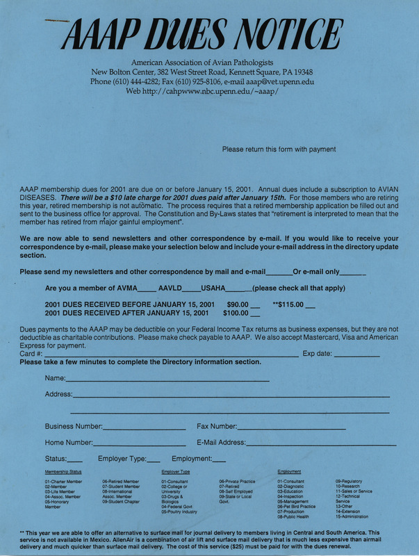 The newsletter of the American Association of Avian Pathologists, November 2000. The quarterly newsletter features several different topics, including meeting schedules, a call for papers for the 2001 AVMA (American Veterinary Medical Association)/AAAP annual meeting, and a request for nominations for various 2001 AAAP awards.