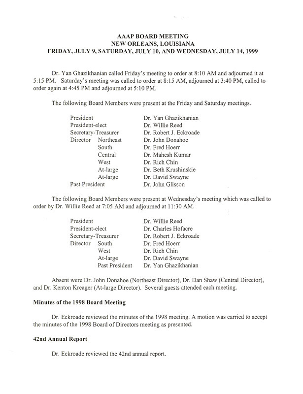 Item from a series of AAAP records containing meeting minutes and annual reports of the Board of Directors, newsletters, reports, financial statements, and copies of the constitution and bylaws. Annotation: As per the folder title, the geographic location is Salt Lake City, Utah. However, as per the actual item, it is New Orleans, Louisiana.