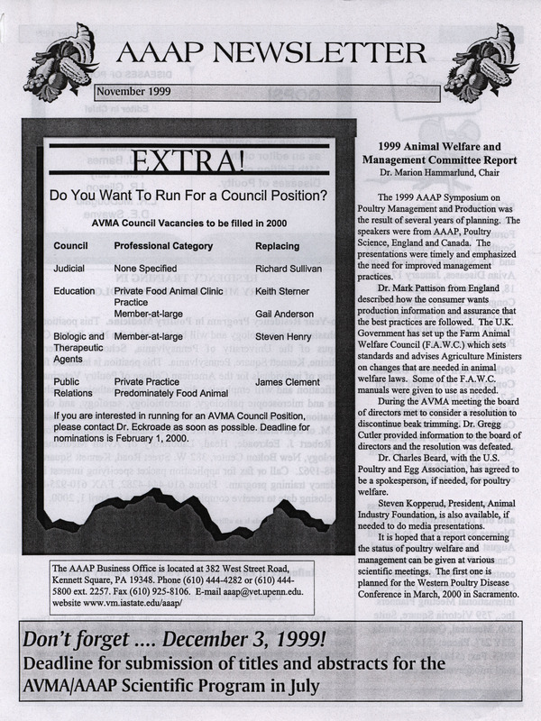 American Association of Avian Pathologists newsletter, including meeting schedule, open positions and other announcements.