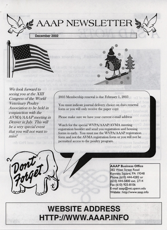 December 2002 newsletter for the American Association of Avian Pathologists, including schedule of meetings, available positions, and other announcements.