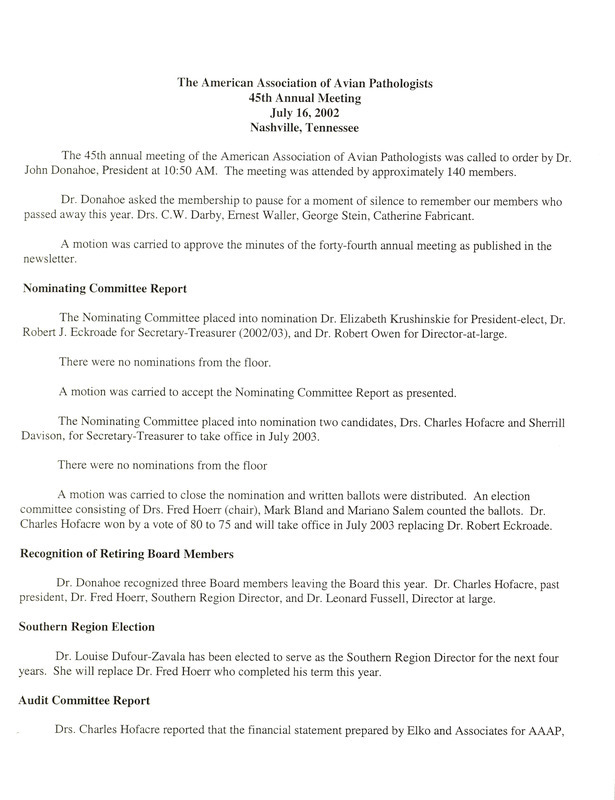 Item from a series of AAAP records containing meeting minutes and annual reports of the Board of Directors, newsletters, reports, financial statements, and copies of the constitution and bylaws. Annotation: As per the folder title, the geographic location is Denver, Colorado. However, as per the actual item, it is Nashville, Tennessee.