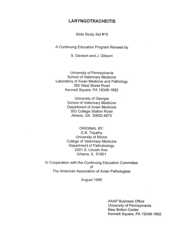 Item from a series of AAAP records containing slide study sets which consist of slides and their accompanying texts. The slide study sets mainly cover poultry diseases and their diagnosis, but also include other topics such as biotechnology in avian medicine and careers in avian medicine.