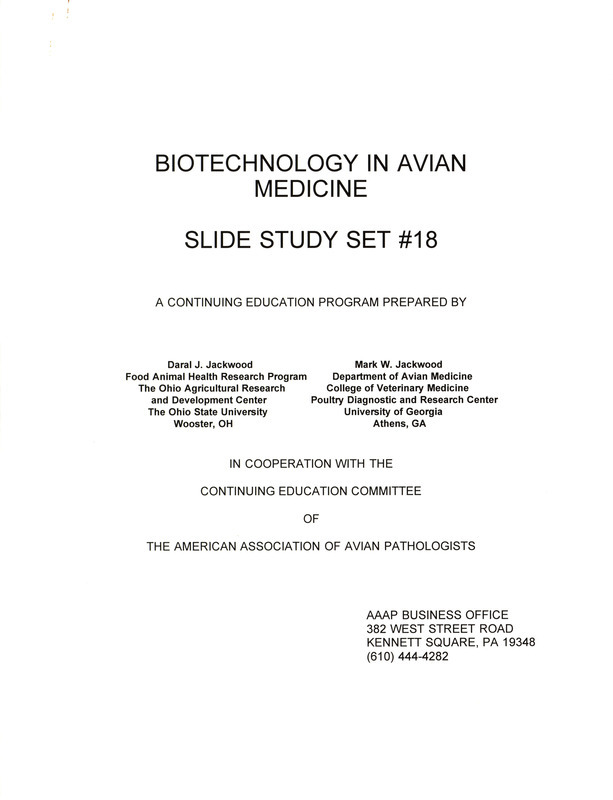 Item from a series of AAAP records containing slide study sets which consist of slides and their accompanying texts. The slide study sets mainly cover poultry diseases and their diagnosis, but also include other topics such as biotechnology in avian medicine and careers in avian medicine.
