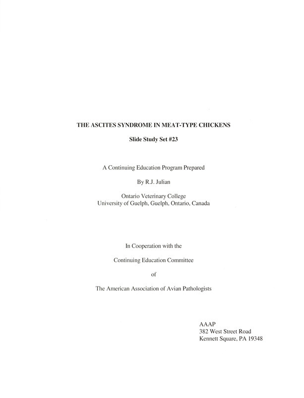 Item from a series of AAAP records containing slide study sets which consist of slides and their accompanying texts. The slide study sets mainly cover poultry diseases and their diagnosis, but also include other topics such as biotechnology in avian medicine and careers in avian medicine.
