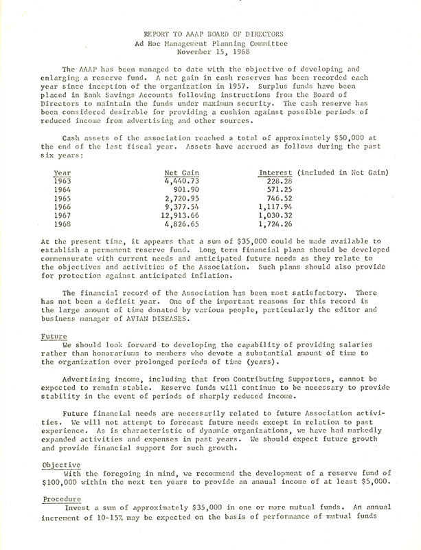 Item from a series of AAAP records containing committee member assignments, membership committee interest surveys, committee reports and correspondence that reflect the varied interests of the Association.