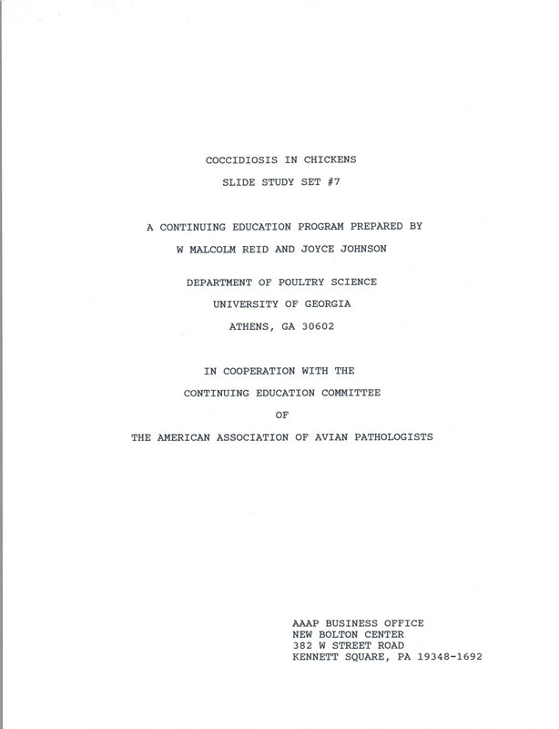Item from a series of AAAP records containing slide study sets which consist of slides and their accompanying texts. The slide study sets mainly cover poultry diseases and their diagnosis, but also include other topics such as biotechnology in avian medicine and careers in avian medicine. Annotation: Revised version available in box 41 folder 6.