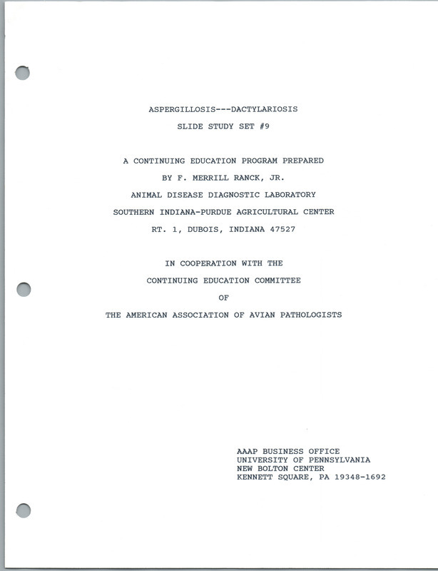 Item from a series of AAAP records containing slide study sets which consist of slides and their accompanying texts. The slide study sets mainly cover poultry diseases and their diagnosis, but also include other topics such as biotechnology in avian medicine and careers in avian medicine. Annotation: Revised version available in box 41 folder 7.