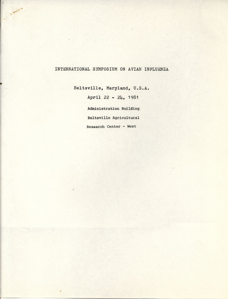 Schedule of events and opening address for an international symposium on avian influenza in Beltsville, Maryland on April 22-24, 1981.