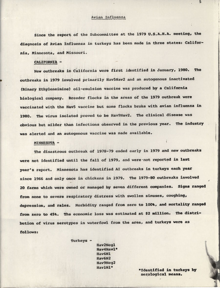Report detailing avian influenza outbreaks from 1979-1980 and describing recent research on the disease.