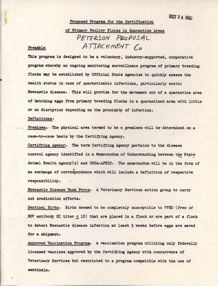 Program proposal for the certification of primary poultry flocks in quarantine areas produced in 1980 for the American Association of Avian Pathologists.