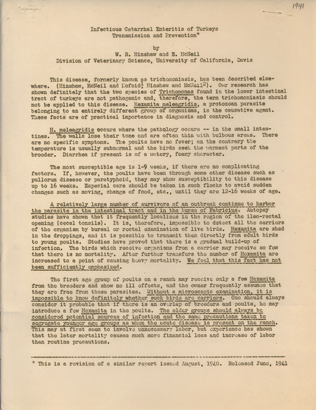 Report on infectious catarrhal enteritis of turkeys transmission and prevention from 1941.
