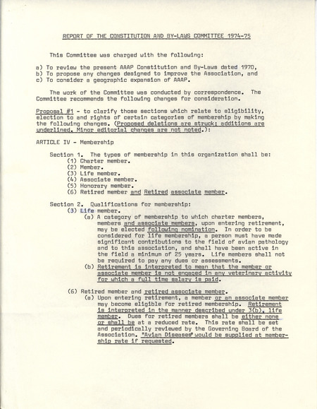 A 1975 report by the constitution and by-laws committee of the American Association of Avian Pathologists, reviewing the constitution and by-laws from 1970s and proposing edits to be made.