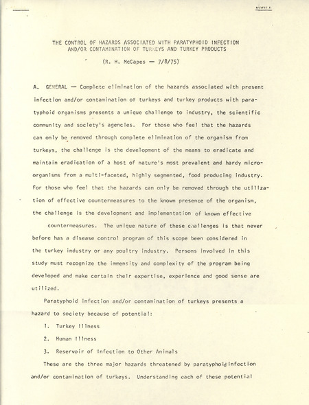 A 1975 report for the American Association of Avian Pathologists suggesting solutions to paratyphoid infection and contamination of turkeys and turkey products. Includes treatment descriptions.
