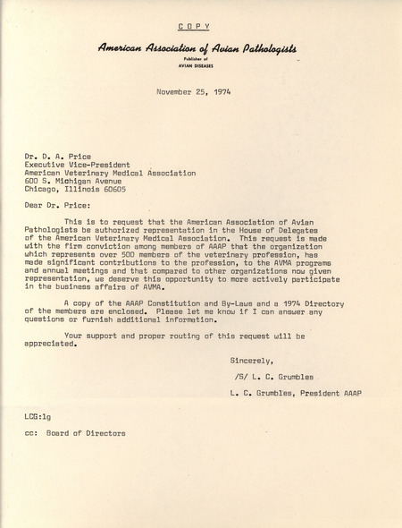 A letter from the president of the American Association of Avian Pathologist addressed to the American Veterinary Medical Association, asking to be included in the association's House of Delegates.
