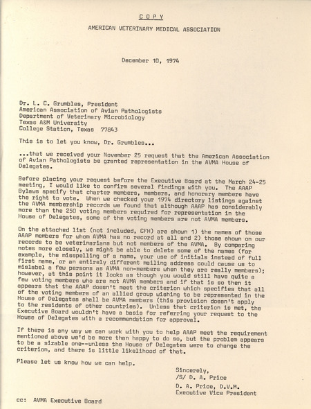 A response from the American Veterinary Medical Association describing that the American Association of Avian Pathologists needed to have more members in their association to have representation in the House of Delegates.
