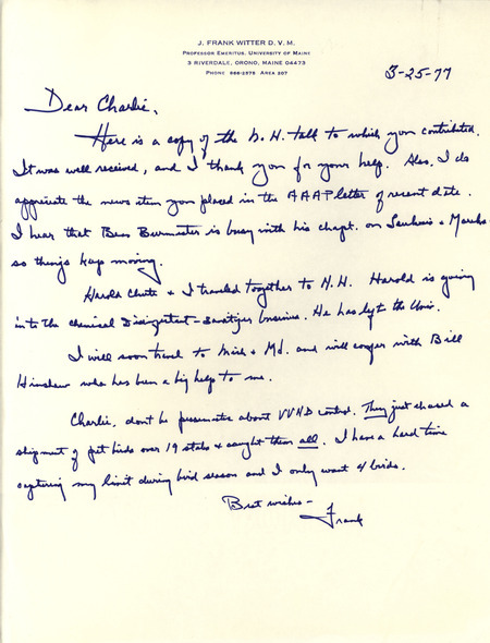 Report prepared on behalf of the American Association of Avian Pathologists by Frank Witter for the March 23, 1977 New Hampshire Poultry Health Conference. The report describes the progress of poultry disease control over the 25 years prior to its writing. It also includes a handwritten letter from Frank Witter to Charlie dated March 25, 1977.