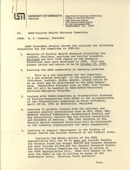 A 1980 outline of the objectives for the Poultry Health Advisory Committee of the American Association of Avian Pathologists during 1980 and 1981.