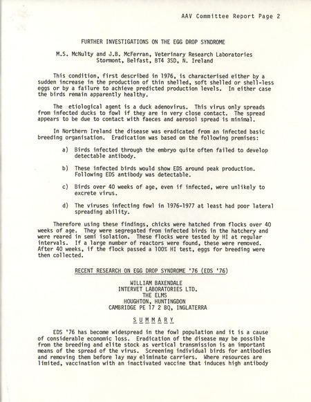 Report detailing investigations on the egg drop syndrome and describing recent research on it.