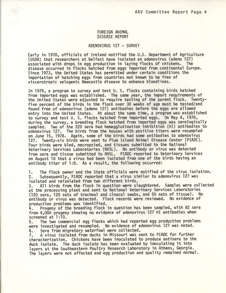 Report by the Association of Avian Veterinarians on foreign animal disease from 1978 describing drops in chicken egg production and reasons for the drop.