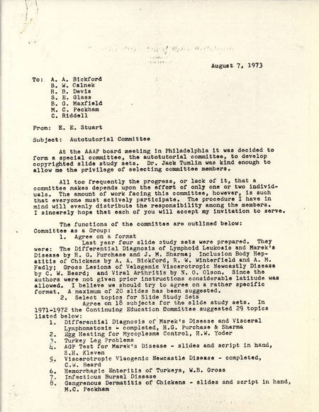Letter from E. E. Stuart to the other members of the American Association of Avian Pathologists Autotutorial Committee outlining the work the committee must complete.