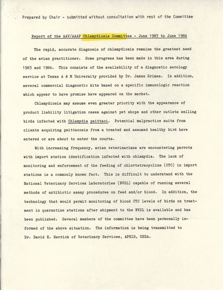 Report by the American Association of Avian Pathologists Chlamydiosis Committee from 1983-1984 describing their actions and future goals.