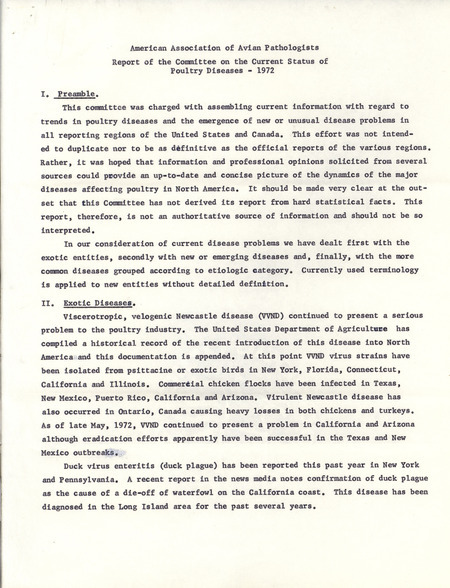 American Association of Avian Pathologists 1972 Report of the Committee on the Current Status of Poultry Diseases describing the committee's actions from the last year.