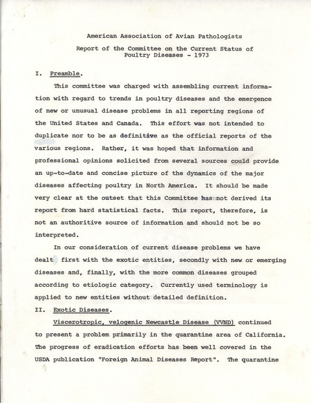 American Association of Avian Pathologists report of the Committee on the Current Status of Poultry Diseases, describing the actions of the committee from the past year and the status of major poultry diseases.