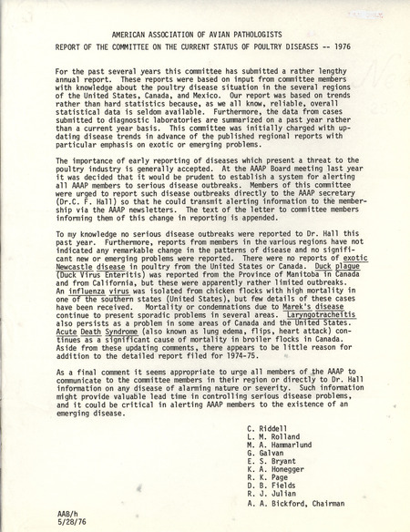 Annual report of the American Association of Avian Pathologists Committee on the Current Status of Poultry Diseases, including member names.