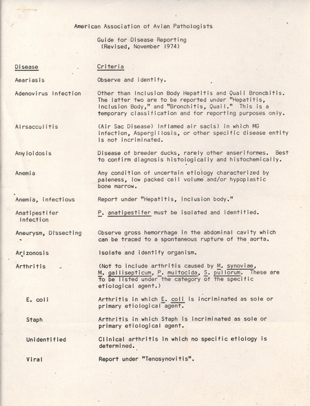 American Association of Avian Pathologists 1974 Guide for Disease Reporting detailing the proper response to identifying the major avian diseases.