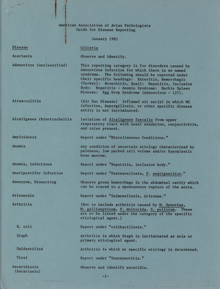 American Association of Avian Pathologists 1982 guide for disease reporting, detailing the practitioner's proper response to identifying major avian diseases.