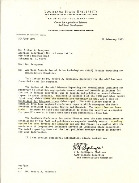 American Association of Avian Pathologists 1985 guide for disease reporting, describing the practitioner's proper response to identifying major diseases in pet, zoo and wild birds.