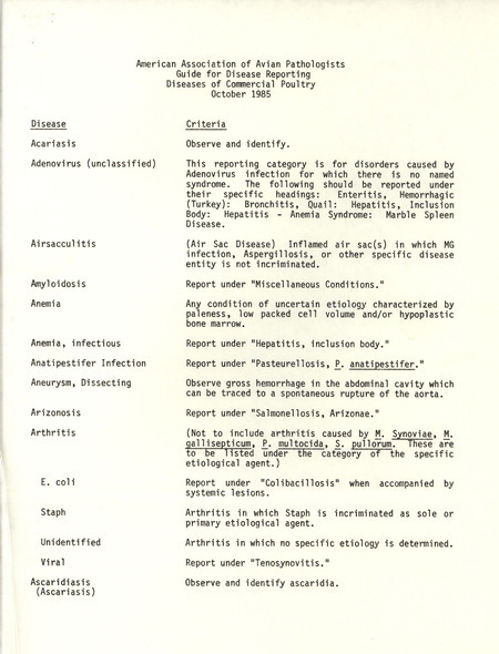 American Association of Avian Pathologists 1985 guide for disease reporting describing the practitioner's proper response to identifying major diseases of commercial poultry.
