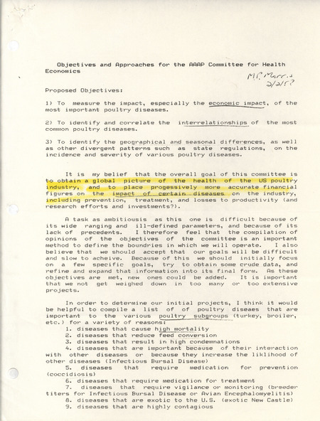 American Association of Avian Pathologists objectives and approaches for the Committee for Health Economics outlining the priorities and plans of the committee, 1987.