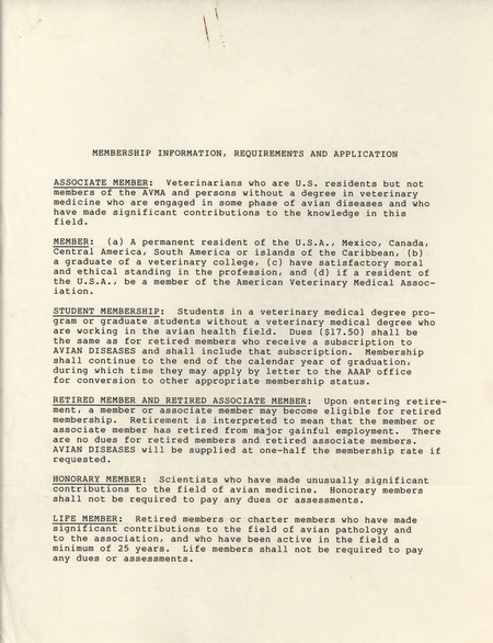 Flier detailing membership information, requirements and application process for membership in the American Association of Avian Pathologists.