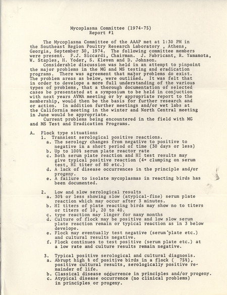 American Association of Avian Pathologists 1974-1975 Mycoplasma Committee report describing the group's recent actions, research findings and future research topics.
