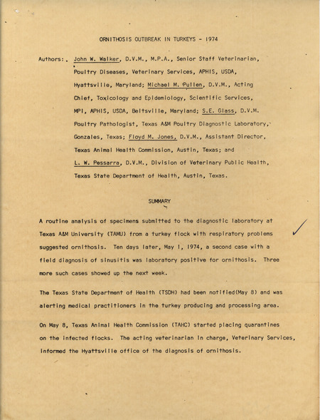 A 1974 report describing the events of an ornithosis outbreak in turkey processing plants.