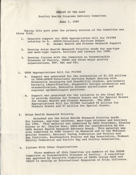 A report from June 1980 from the Poultry Health Programs Advisory Committee of the American Association of Avian Pathologists describing the mission and research conducted of the committee.